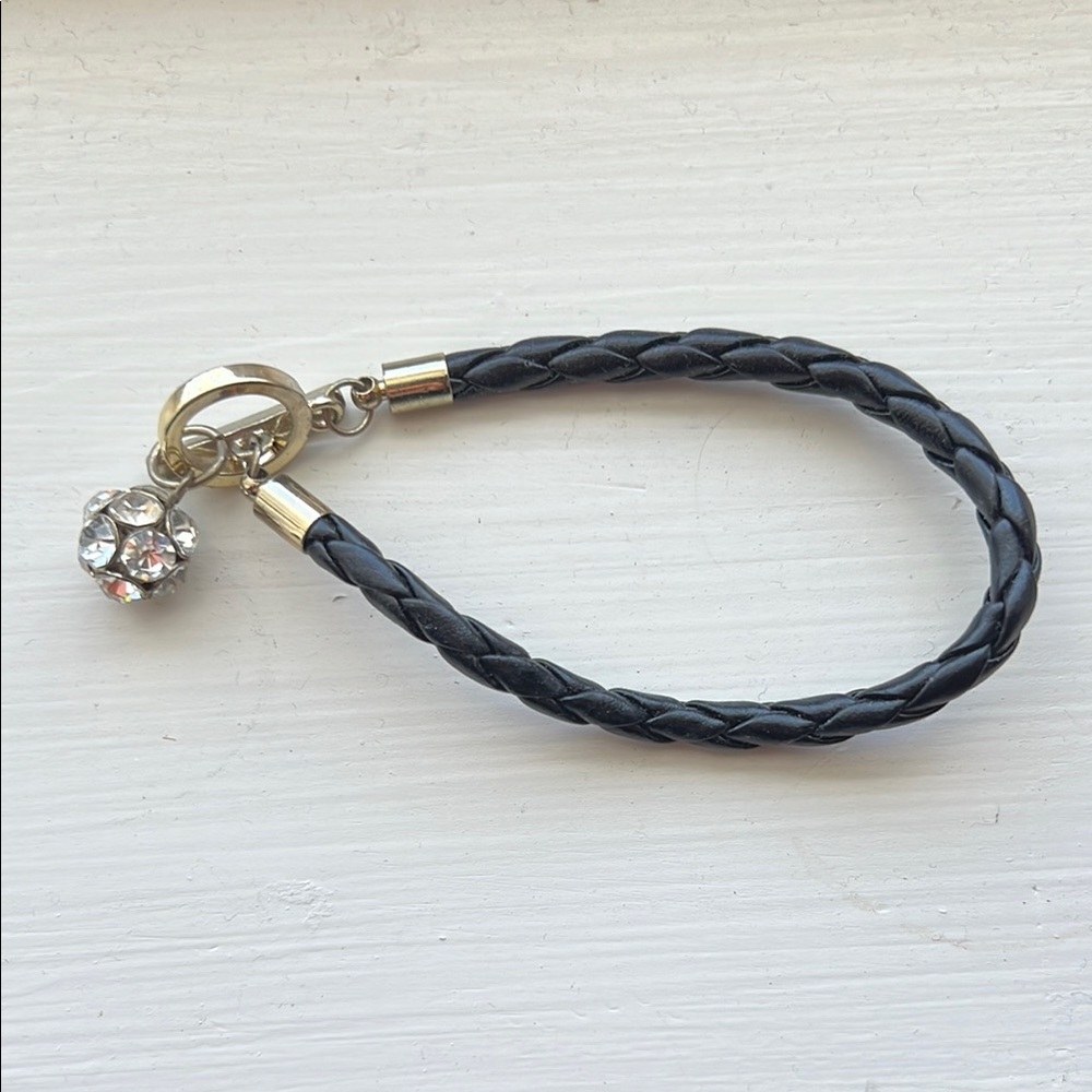 Black Braided Leather Charm Bracelet with Crystal Accent